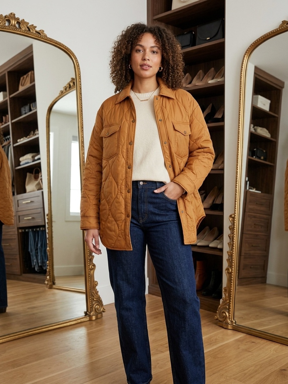 Wilfred Quilted Puffer Shacket - Caramel Brown